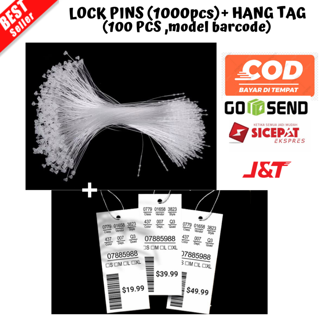 

[BAYAR DI TEMPAT] (Paket 02) LOCK PINS ISI 1000pcs + HANG TAG model barcode ISI 100 PCS Label Import Porporasi ,LOOP PINS TALI HANG TAG TALI BAJUReady Stock