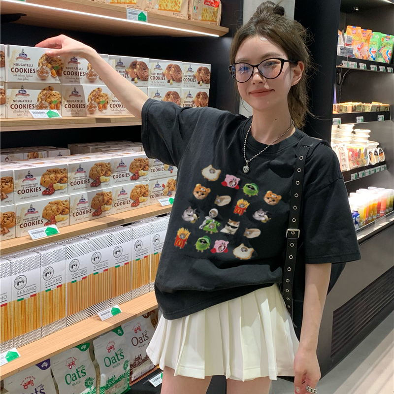 Print Washed T-shirt Kaos Lengan Pendek Oversize Cartoon Toys Korean Style Atasan Wanita