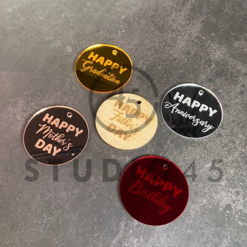 Hangtag Happy Birthday, Happy Anniversary, Graduation, Mothers Day, Fathers Day Kayu / Gantungan Kad