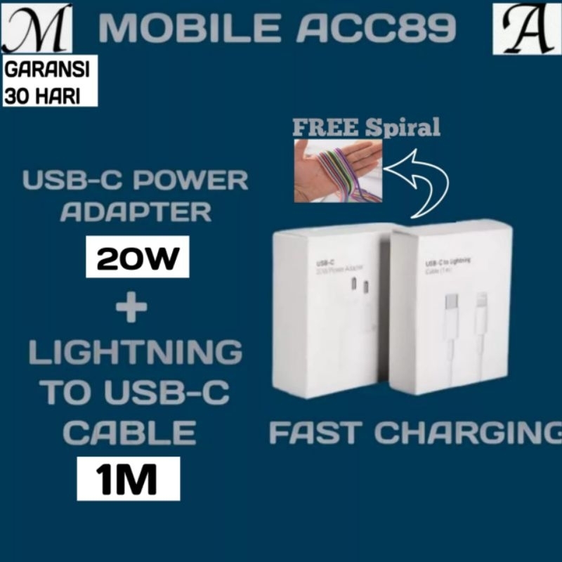 Charger Iphone Paket Adaptor Charger IP Fast Charging 1Meter &amp; USB -C power Adapter 20Watt