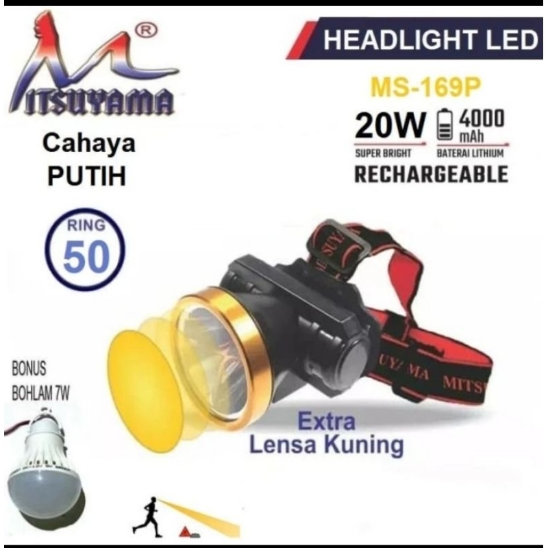 Senter Kepala LED 20 Watt MATSUYAMA MS-169 P Charge Cas Plus Lampu Bohlam USB