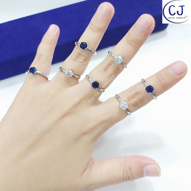 Cincin Perak Asli 925 Lapis Emas Putih Model Soliter Permata Putih Dan Permata Biru - Perhiasan Perak Asli