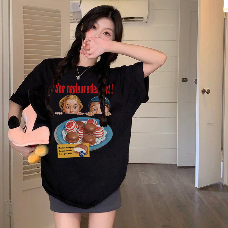 Print T-shirt Kaos Lengan Pendek Cartoon Boy Girl Dessert Oversize Atasan Wanita Korean Style