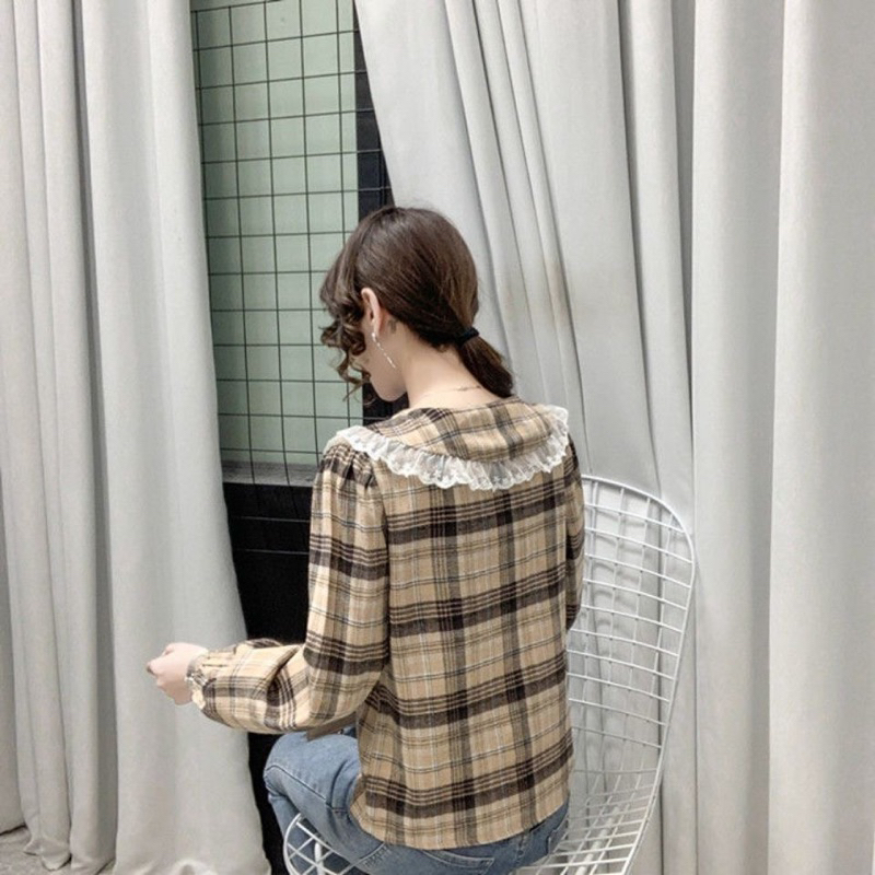 [ Retro Series ] Kemeja Blus Flanel Wanita Kotak - Kotak Kombinasi Renda Lengan Panjang ( Long Sleeve Plaid Flannel Woman Shirt )