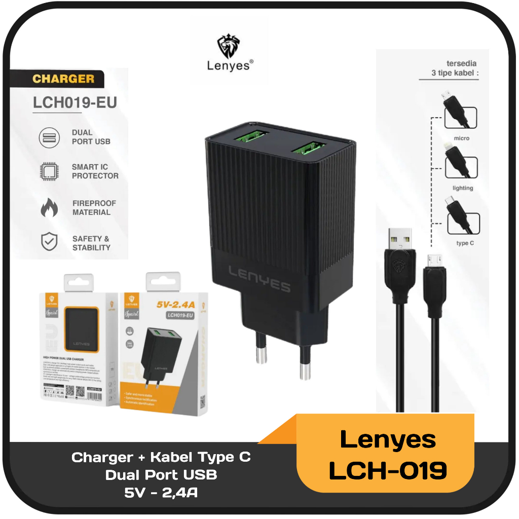 Charger + Kabel Data Lenyes LCH019-EU Dual Port USB 5V - 2,4A