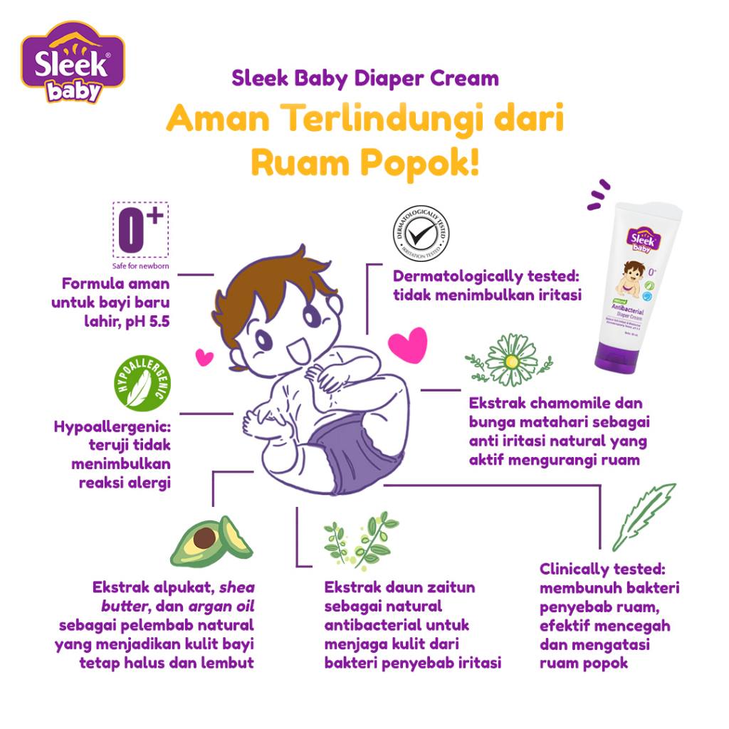 [BPOM] Sleek Antibacterial Diaper Cream Isi 80ml / Sleek Baby Diaper Cream Krim Popok / Diaper Rash Cream / Kino / MY MOM