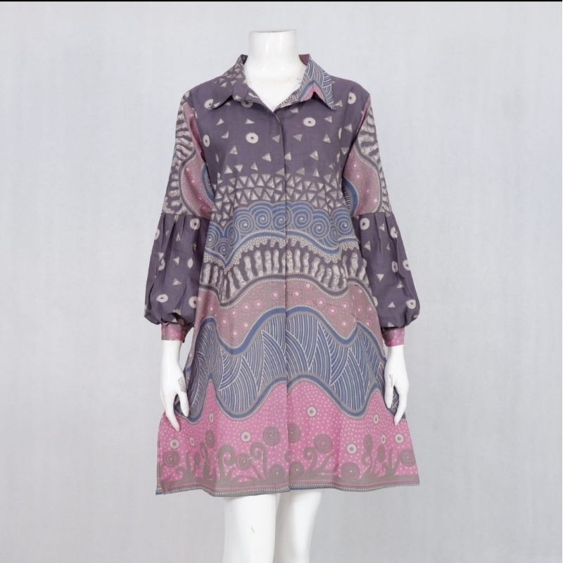 TUNIK DRESS BATIK SOLO KANCING DEPAN FULL KERAH KEMEJA