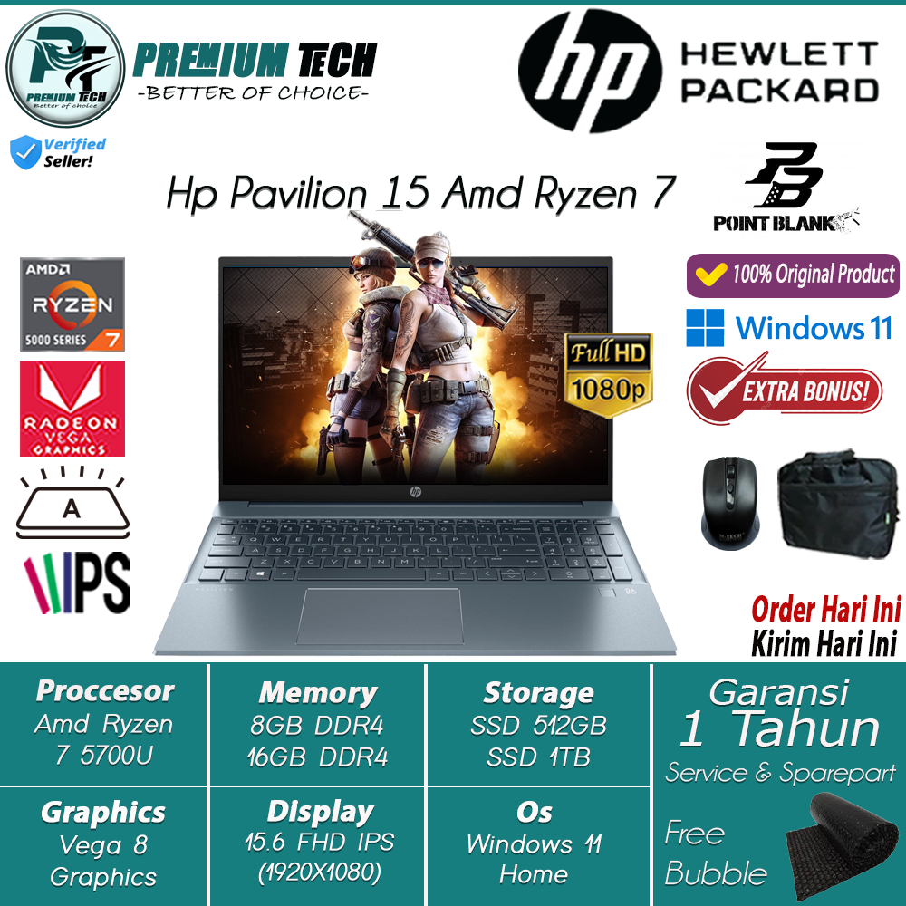 Laptop Gaming Slim HP Pavilion 15 Amd Ryzen 5 5500U 16GB 1TB Ssd FHD IPS Windows 11 Horizon Blue Terlaris