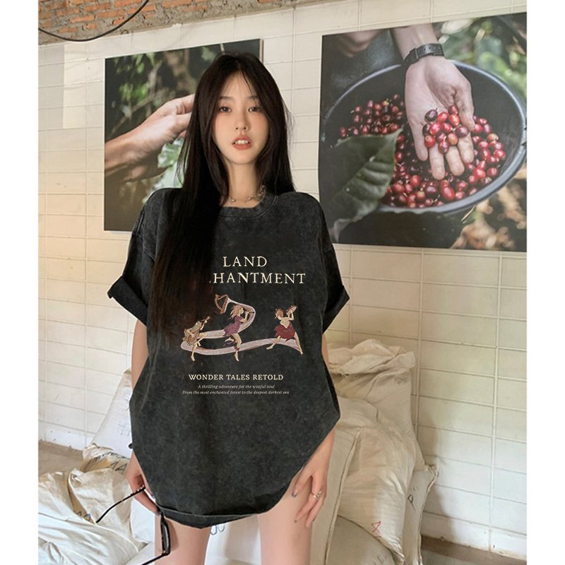 Vintage T-shirt Hitam Washed Oversize Letter Printing Kaos Lengan Pendek Baju Wanita Korean Style