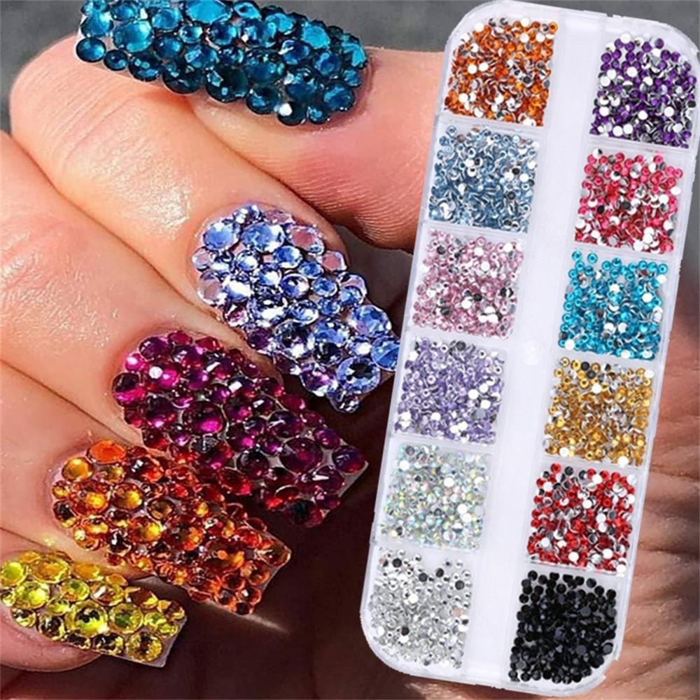 12 Grid Box Rhinestones Kristal Half Pearl Beads Rivet Mix Wheel Nail Art Mutiara Manik-manik Craft Kosmetik Hiasan Kuku Eye Korean Make Up Handphone Decorations Wedding Party Cosplay Gems Bead Putih Pink SIlver Gold Hena Henna Gems Beads