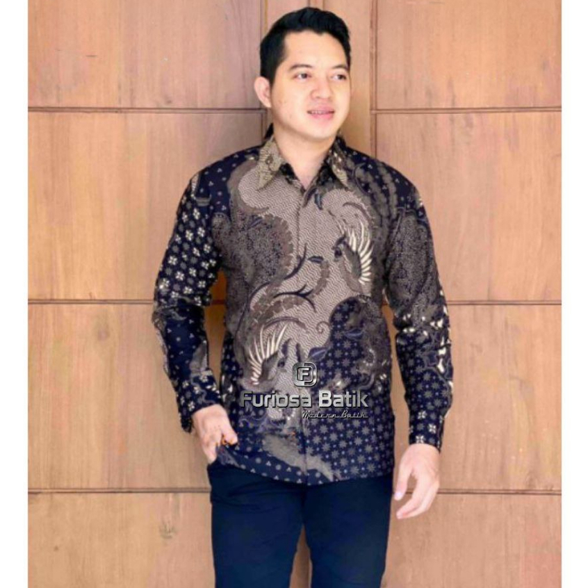 FURIOSA BATIK AKAR NAVY BATIK PRIA BAJU BATIK PRIA LENGAN PANJANG UKURAN M L XL XXL