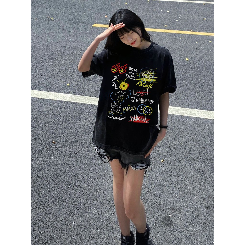 EUNII T-shirt Lengan Pendek Black Washed Cartoon Graffiti Printing Korean Style/Kaos Atasan Wanita/Baju Wanita/Kaos Wanita