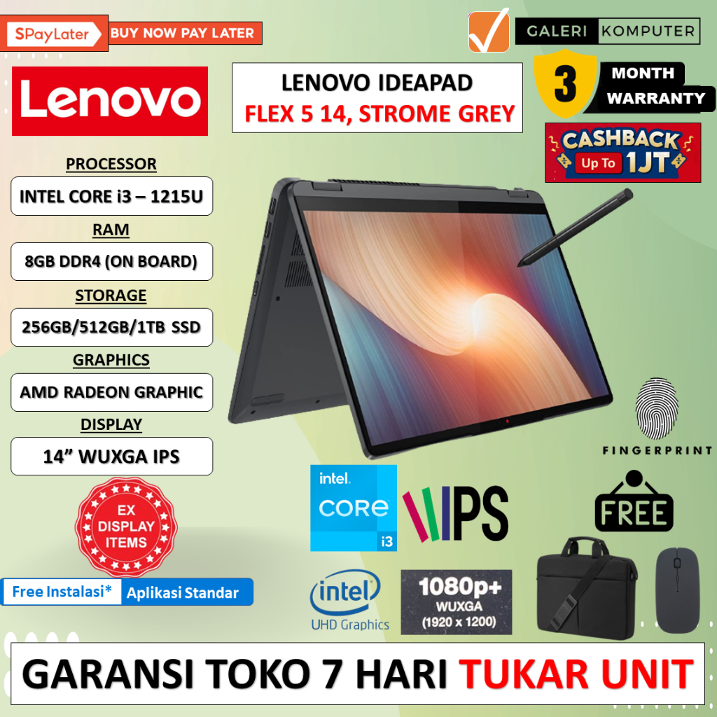 Promo Laptop Lenovo ideapad flex 5i Intel i3 1215U 8GB 512GB SSD IPS Touch Win11