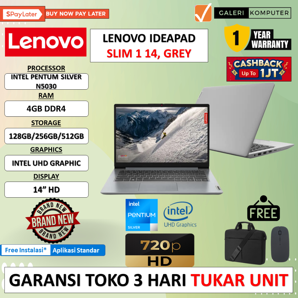 LAPTOP MURAH LENOVO IDEAPAD SLIM 1 14 INTEL PENTIUM SILVER N5030 4GB 512GB SSD 14&quot; WINDOWS 11 HOME