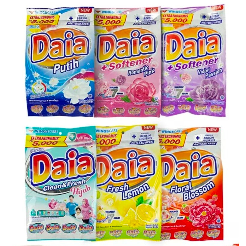 DAIA DETERJEN POWDER BUBUK SOFTENER 225 GR ROMANTIC PINK CLEAN FRESH HIJAB FLORAL BLOSSOM LEMON PUTI