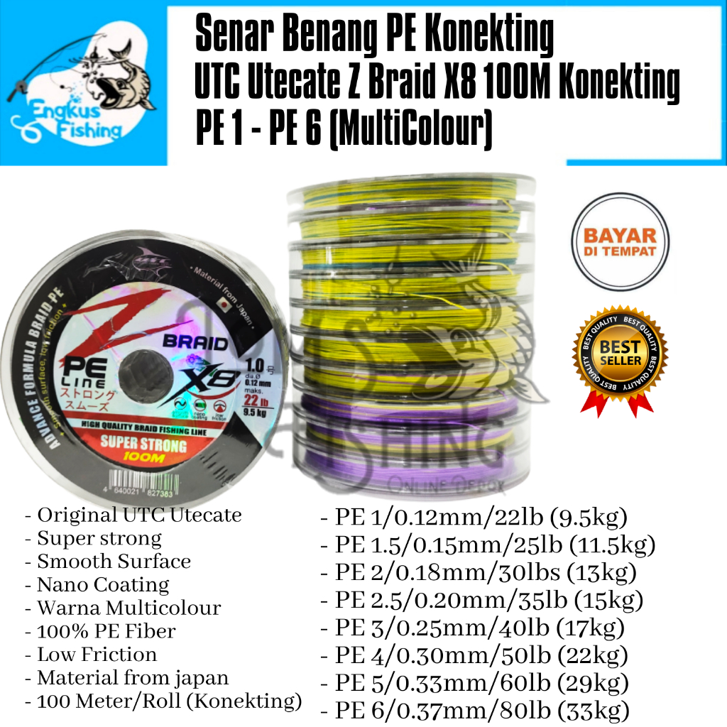 Senar Benang Pancing PE UTC Utecate Z-Braid X8 Halus (PE 1 - PE 6) 100M/Roll Konekting - Engkus Fishing