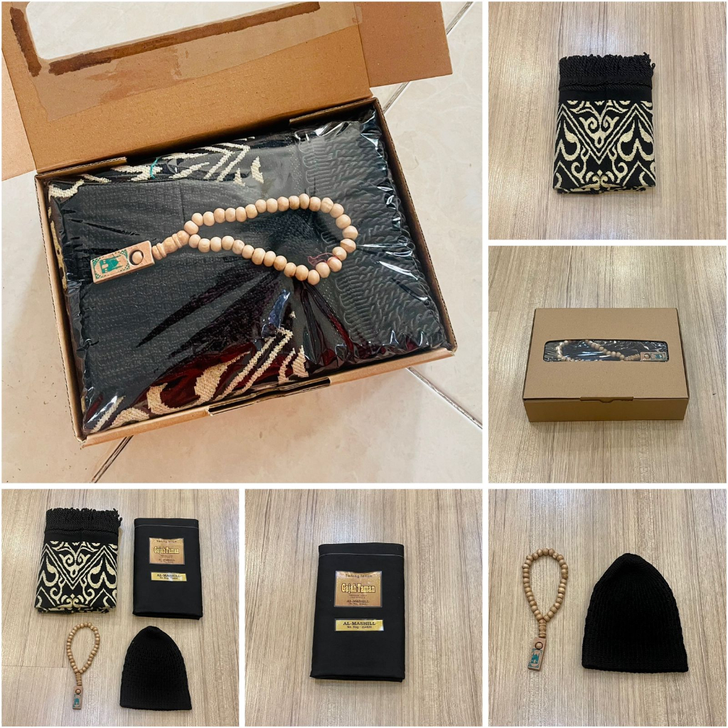 Paket Sajadah Chenille Kiswah , Sarung , Tasbih Peci , Box Hampers