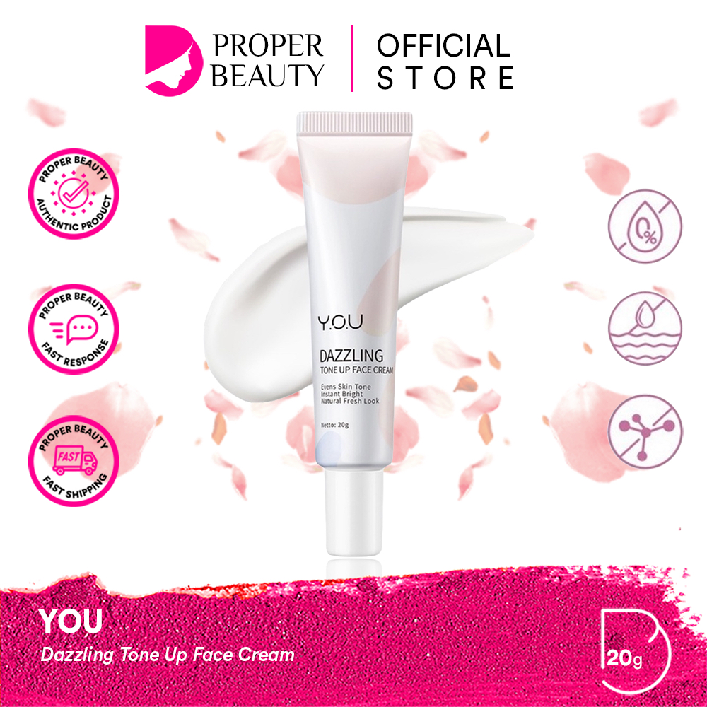 YOU Dazzling Tone Up Face Cream Indonesia / Pelembab Wajah 20g / Evens Skin Tone Instant Bright Natural Fresh Look / Bright All Day Soft Glowy Skin / Krim Mencerahkan / Skincare Face Care / Y.O.U Series Bundle / Facial Foam Toner Day Night Body Spray Set