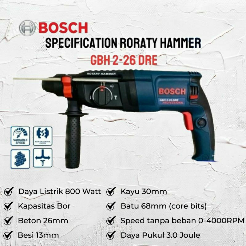 bor beton BOSCH GBH2-26DRE NEW,3fungsi SDS PLUS rotary hammer drill+kelengkapan mata bor BOSCH,,,tanpa box