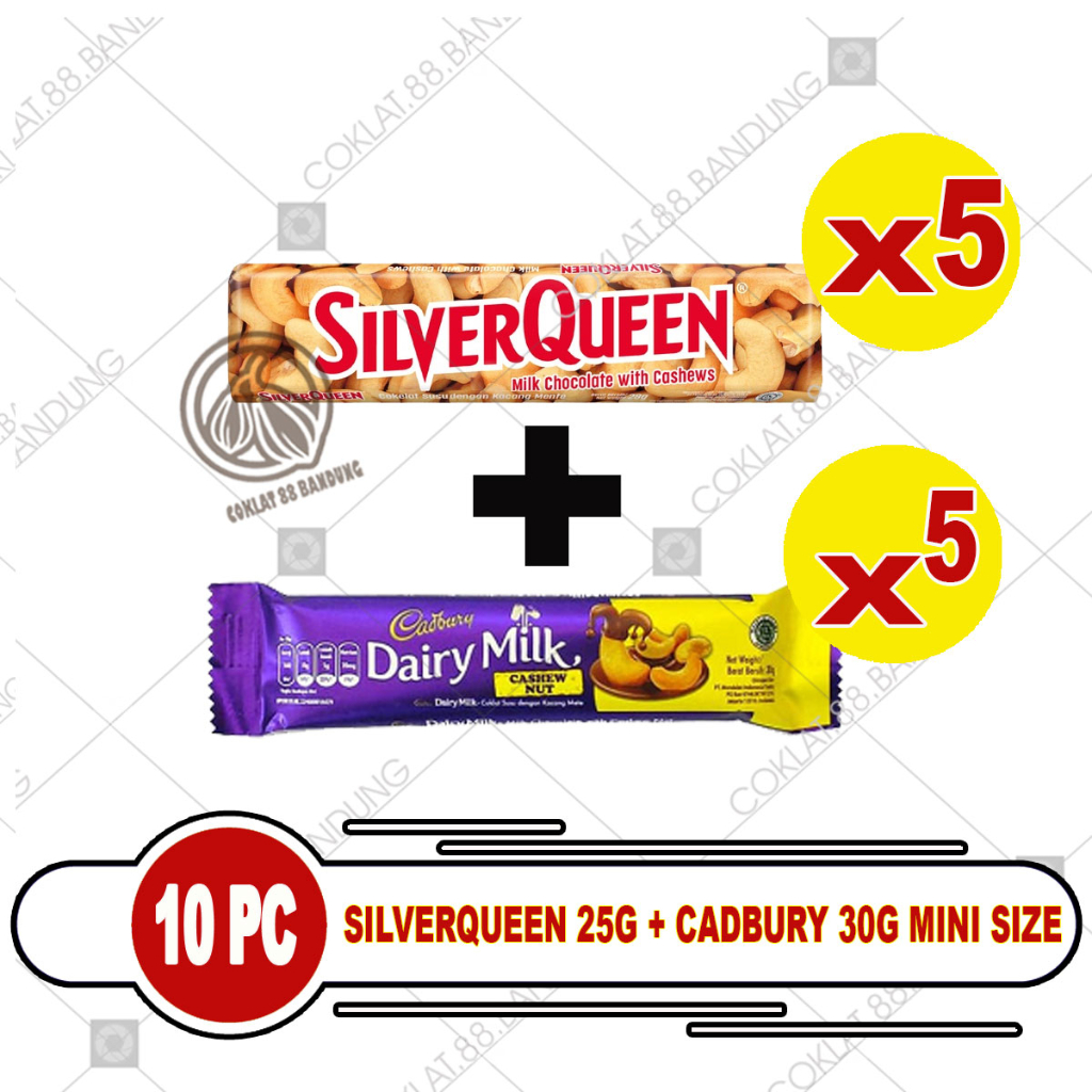 

CADBURY 30GR MIX SILVERQUEEN 25GR ISI 10 PCS, PAKET SILVER QUEEN 25 GRAM CASHEW X CADBURY DAIRY MILK 30 GR 10 PC CASHEW NUT