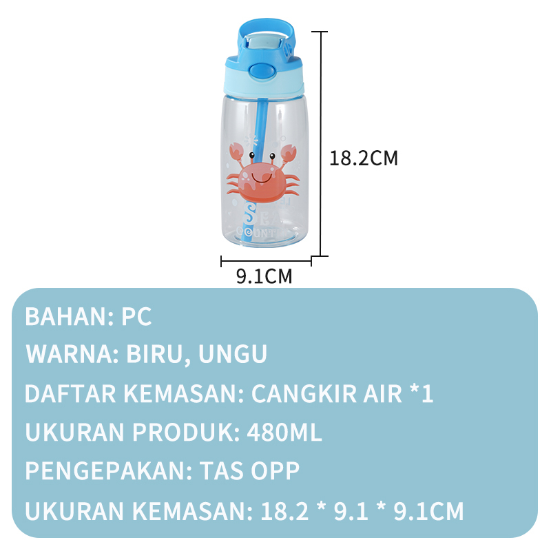 Letyeah &amp; Kaizenliving Botol Air Minum Anak Sedotan Karakter Hewan Laut 480ml Tempat Minum Bpa Free