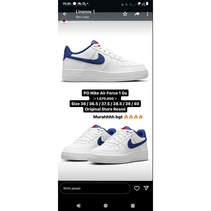 nike air force 1 Gs putih list biru sz 40