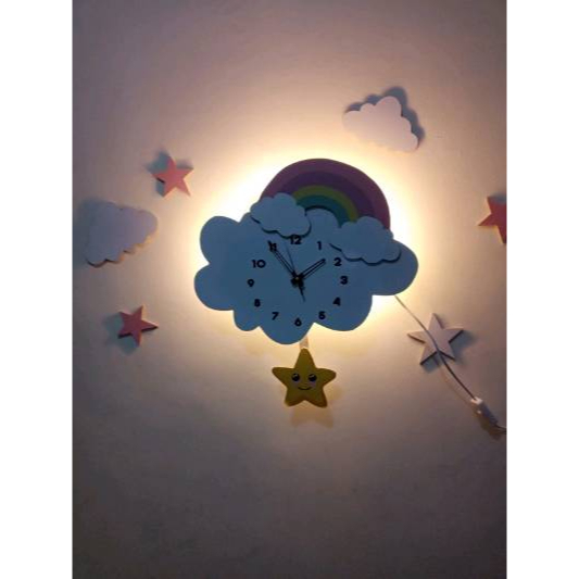 Jam Dinding + Lampu Tidur Awan Pelangi Pendulum