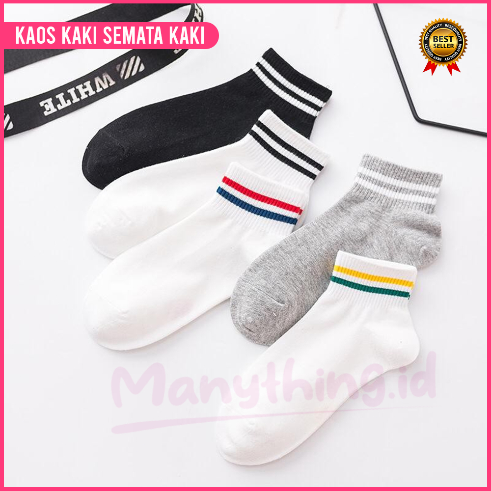 (MANYTHING) Kaos Kaki Semata Kaki / Kaos Kaki Korean Style / Casual Sport Motif Garis / Kaos Kaki Bahan Katun Warna Polos