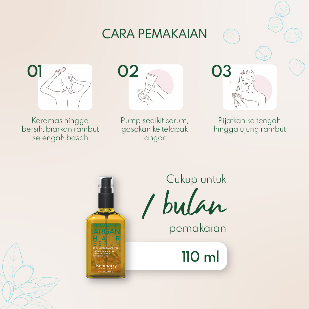 Beamarry Newyork | 2in1 Hair Serum Tonic Macadamia Argan Smooth 110ml | Untuk Rambut Mengembang, Ikal, Tebal Tidak Merata, Susah Diatur, dan Kusam