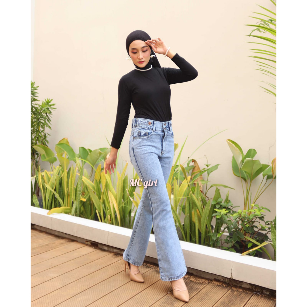 ( Size 27 - 30 ) MC girl - Celana Jeans Cutbray Highwaist Kancing 2 Warna Snow Wanita / High Waist Cutblay Kancing 2 / Celana Denim Pinggang Tinggi Kaki Lebar Cewek / Kaki Besar / Kaki Gede