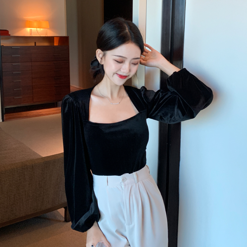 Kemeja lengan panjang retro fashion korea atasan off-shoulder beludru hitam wanita blouse baju atasan wanita velvet