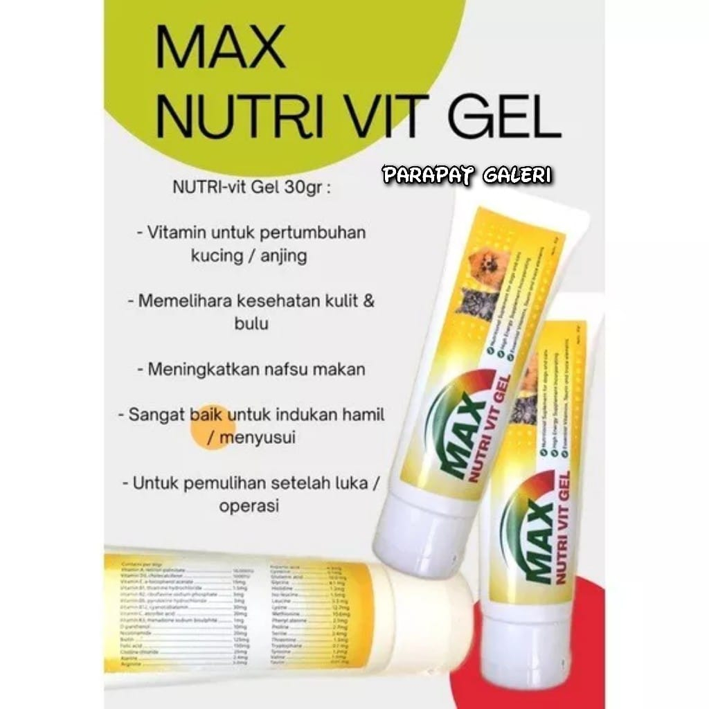 MAX NUTRI VIT GEL 30gr Vitamin Untuk Kucing Anjing Penambah Nafsu Makan Imun Original Pelebat Bulu Anti Rontok