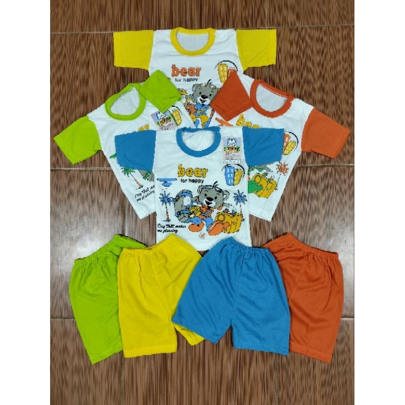 Setelan Baju Bayi Piyama Bayi Lengan Pendek Kancing Pundak Motif Bear Usia 0-12 Bulan