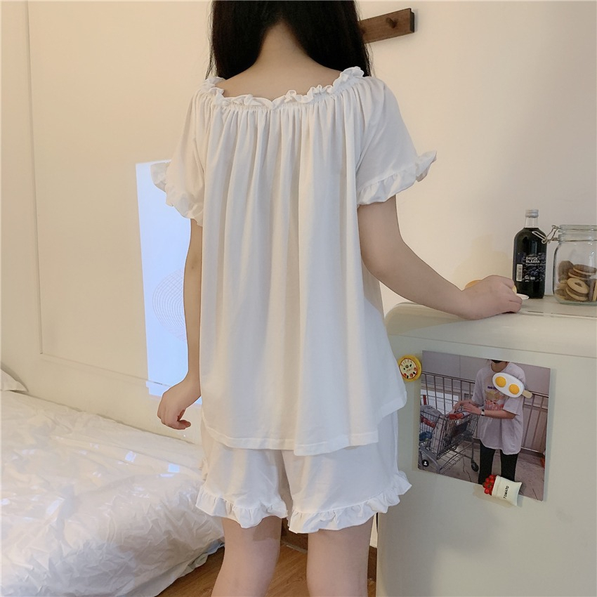 Piyama Set Wanita Dewasa Setelan Baju Tidur Cute Lengan Pendek Celana Pendek Import French Putih Susu