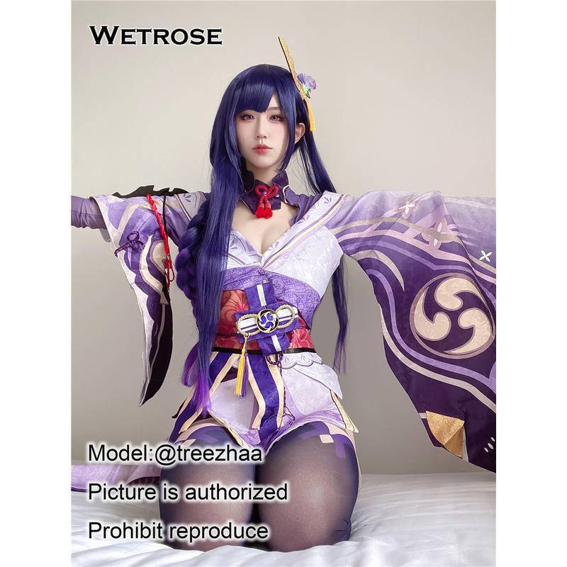 【Wetrose】Genshin Impact Raiden Shogun Shougun Baal Ba'al Cosplay Women Costume Kostum Full Set, Raiden Shogun Wig