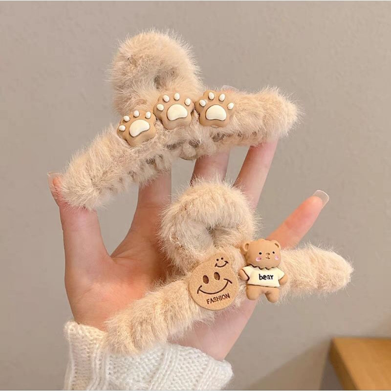 Jepit Rambut Bulu Boneka Korea 12cm Jedai Jumbo Model Bulu Halus Aksesoris Rambut Wanita Snail Rasfur Fluffy Faux Fur Hair Claw Clips