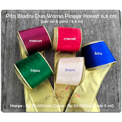 

GPITA-6303 :Pita Bludru Dua Warna Pinggir Kawat 6,3 cm (per rol)
