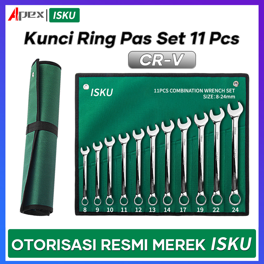 ISKU kunci ring pas set 11 pcs Chrome Vanadium Combination Wrench 8 9 10 11 12 13 14 17 19 22 24 mm