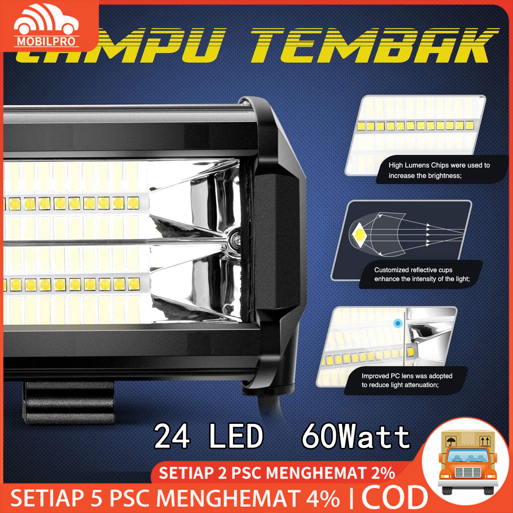 Lampu Tembak Sorot LED Bar Cree CWL 24 Mata Mobil Motor 72 Watt 72W Offroad 72Watt 2 Susun