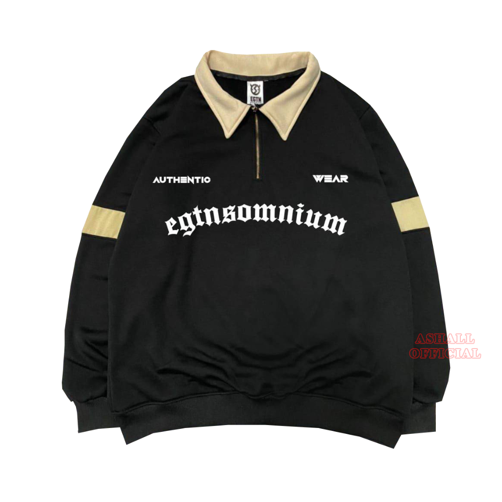 Basic Sweater Rugby Kombinasi Black &amp; Cream Size M-XL Bahan Fleece (Pria &amp; Wanita)