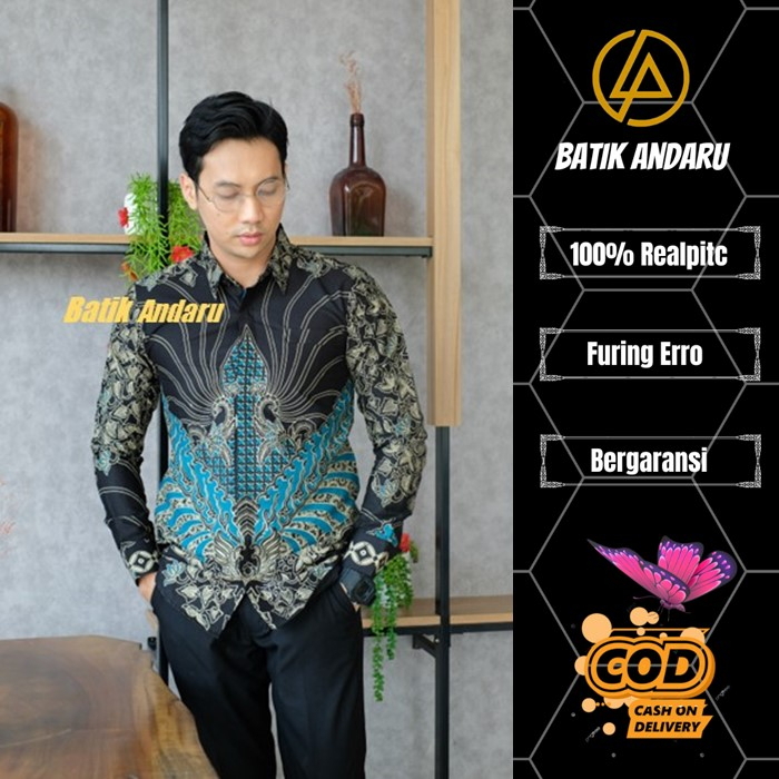 Kemeja Batik Pria Slim Fit Lengan Panjang Modern Heem Premium Bahan Katun Solo Warna Biru Hitam