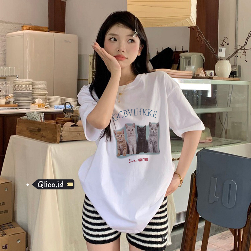 Print T-shirt Kaos Lengan Pendek Cartoon Cat Family Oversize Atasan Wanita Korean Style