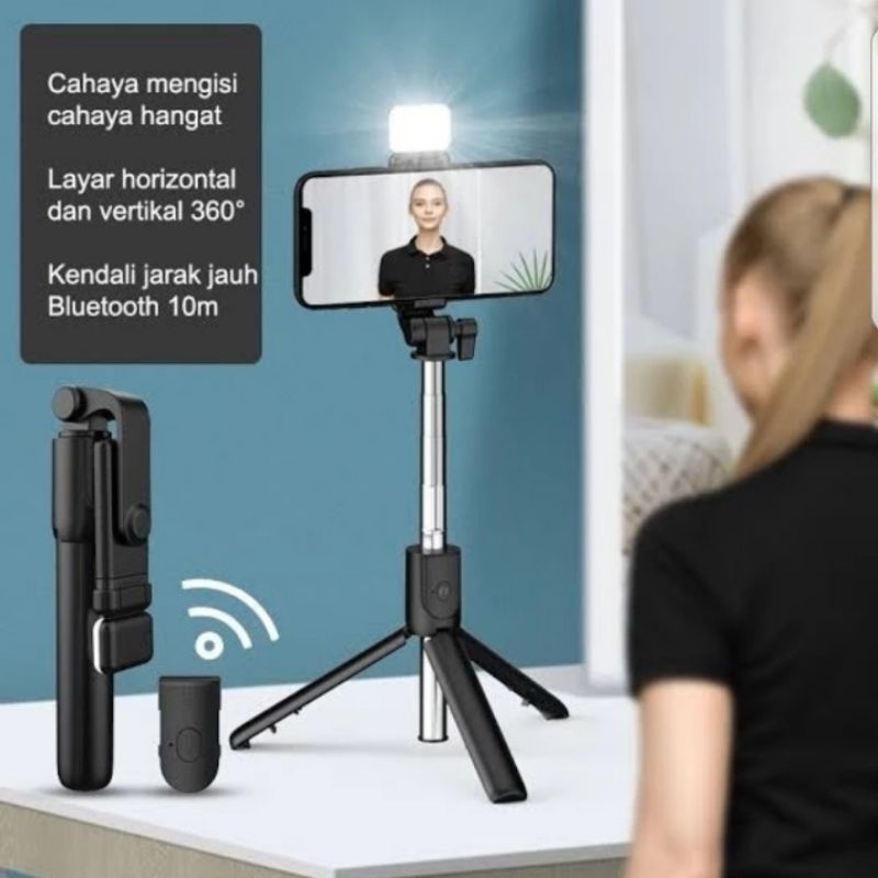 tongsis bluetooth lampu/ LED, remot, tripod, selfie stick, 3in1, 70cm