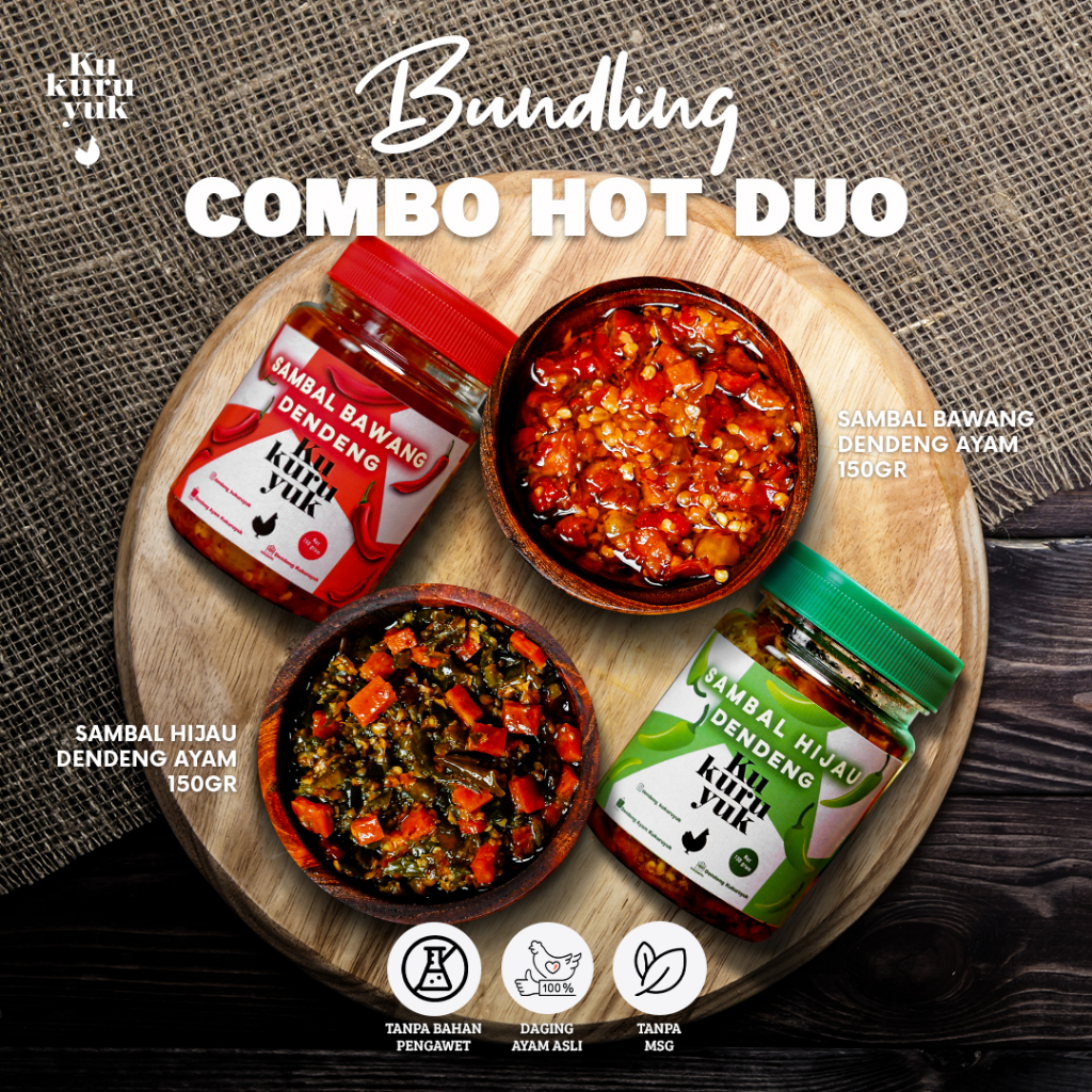 

Combo Hot Duo Kukuruyuk - Paket Bundling 150gr Sambal Bawang Dendeng Ayam + 150gr Sambal Hijau Dendeng Ayam