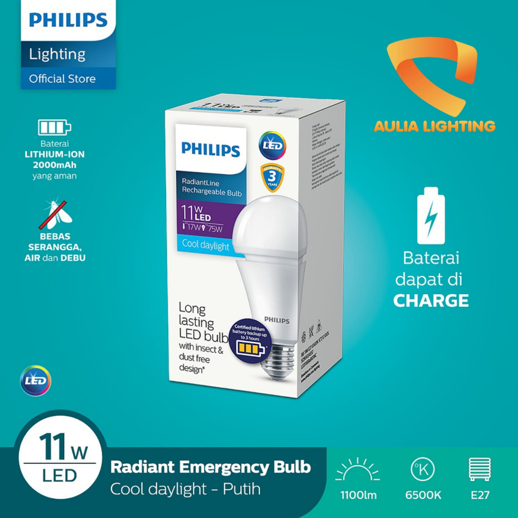 Lampu Emergency LED Philips Radiant Line Rechargeable LEDBulb 11W 6500K 11 Watt Anti Mati Lampu