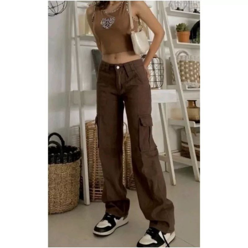 Weki Cargo Highwaist Loose Jeans Choco