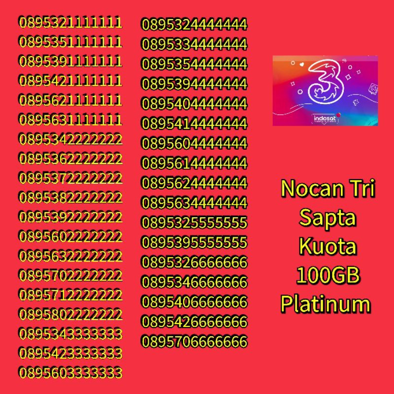 Nomor Cantik Nocan Sapta Kartu Perdana Tri Three 4G LTE Kuota 100GB Platinum