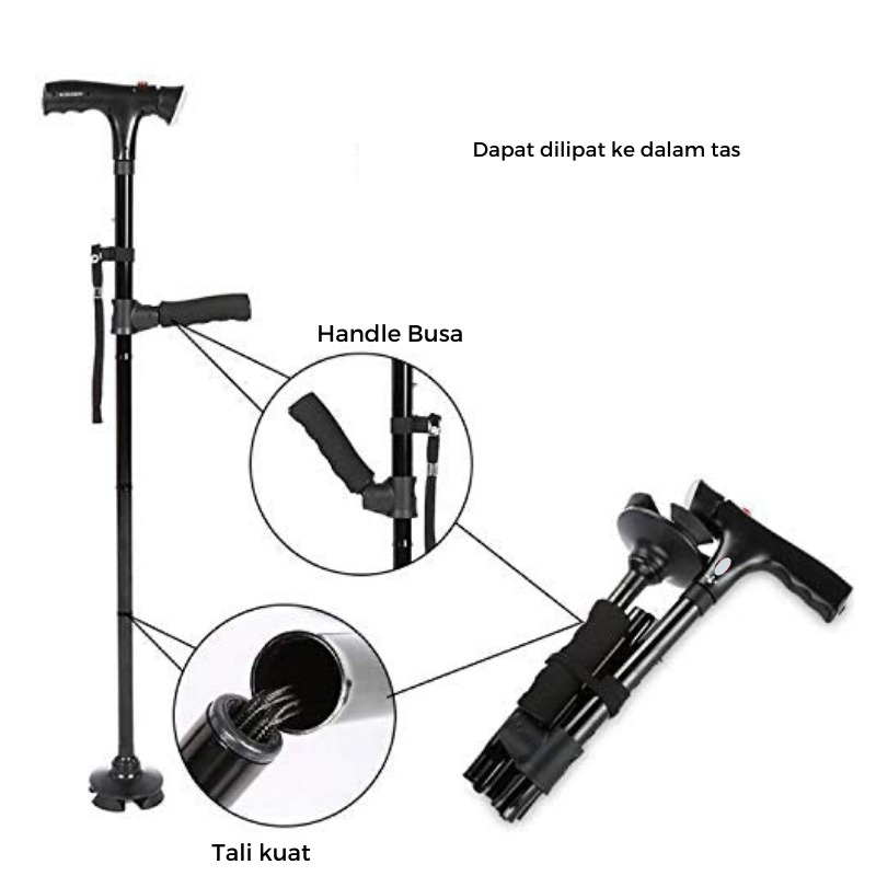 Twin Grip Cane -  Alat Bantu Jalan Tongkat Lipat dengan Lampu dan Alarm