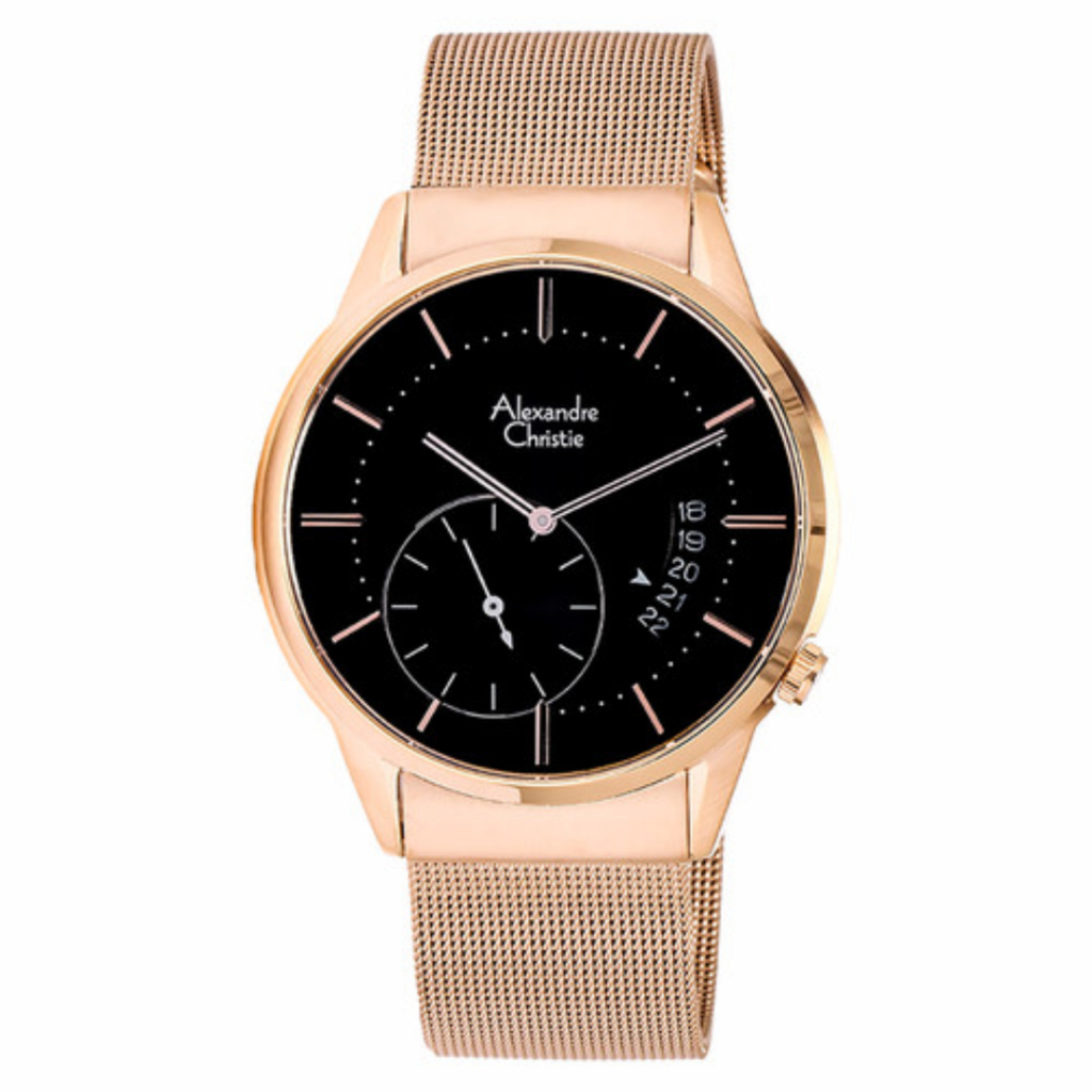JAM TANGAN PRIA ALEXANDRE CHRISTIE AC8519 AC 8519 MSBRGBA ROSEGOLD BLACK ANALOG MESH STRAP