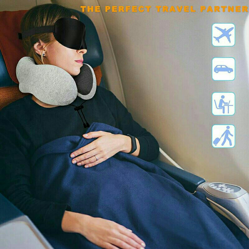 Bantal Leher U-Shape Foldable Travel Neck Pillow ser43 Blue